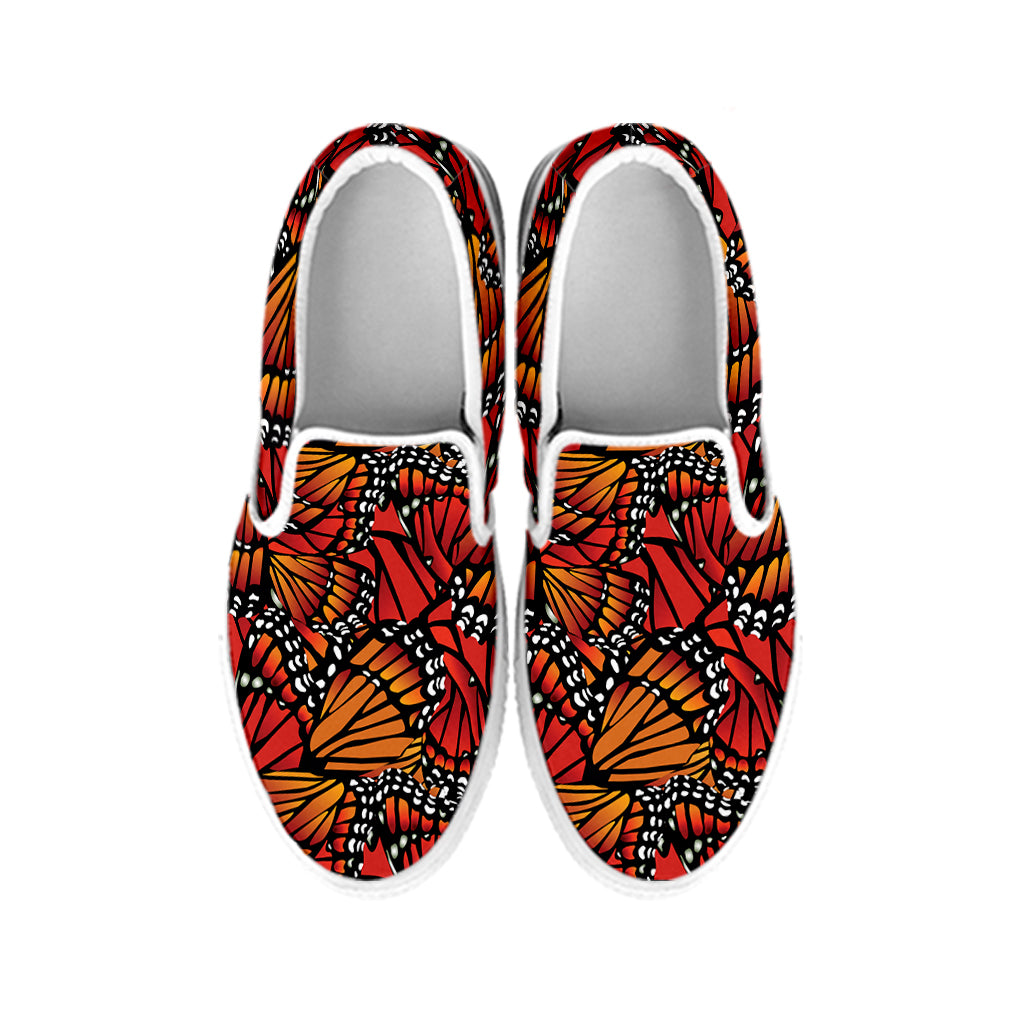 Orange Monarch Butterfly Wings Print White Slip On Shoes