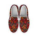 Orange Monarch Butterfly Wings Print White Slip On Shoes