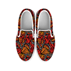 Orange Monarch Butterfly Wings Print White Slip On Shoes