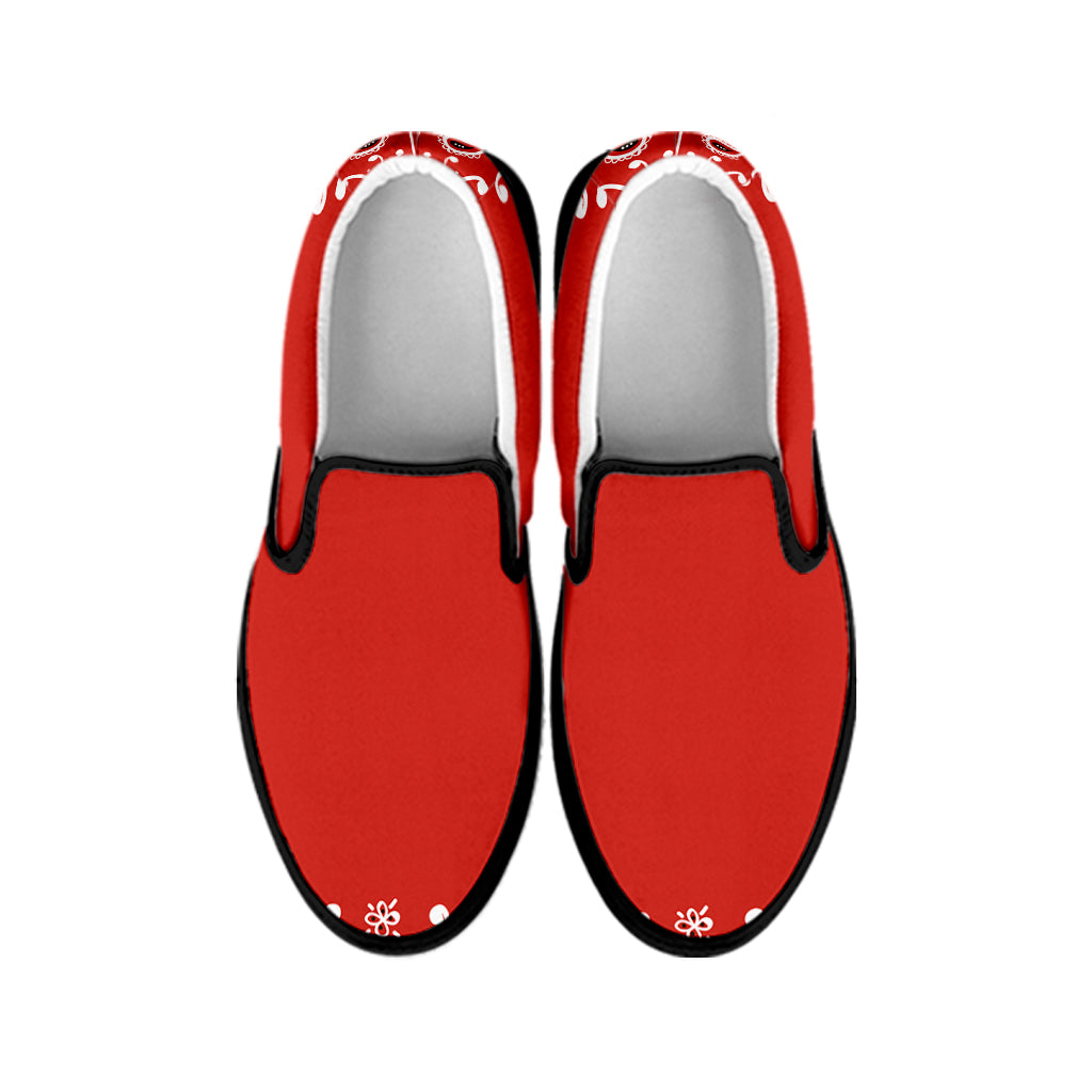 Orange Paisley Bandana Print Black Slip On Shoes