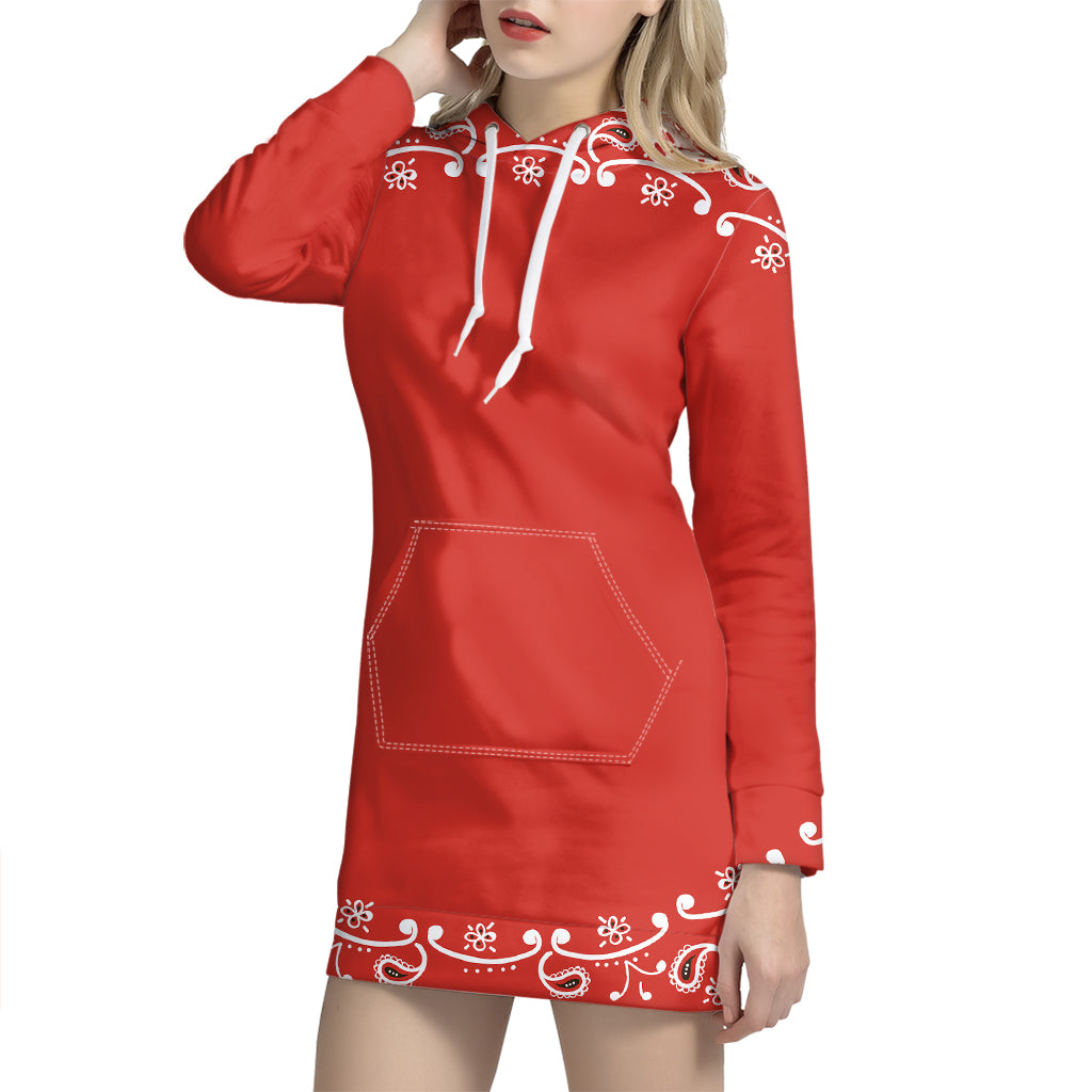 Orange Paisley Bandana Print Pullover Hoodie Dress