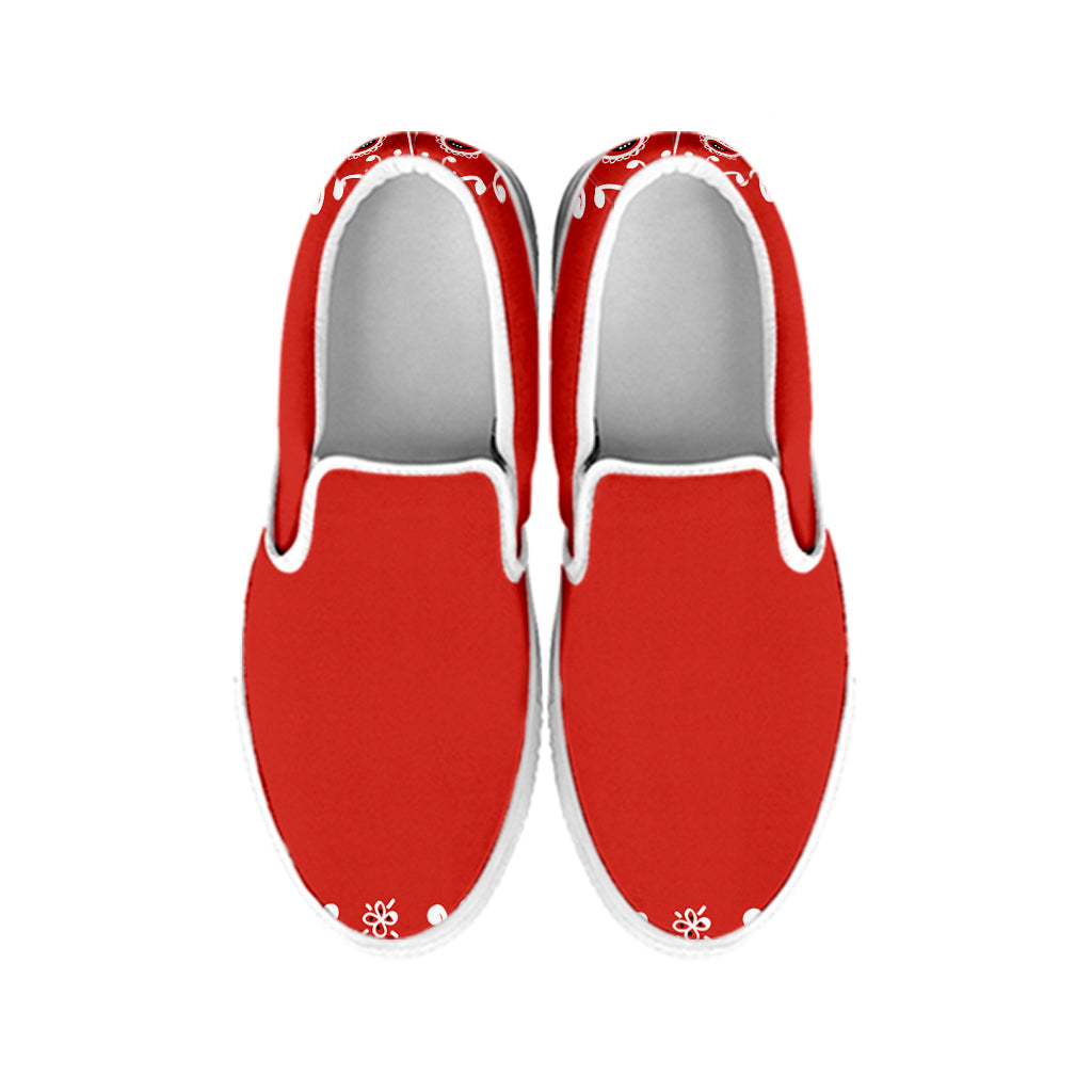 Orange Paisley Bandana Print White Slip On Shoes