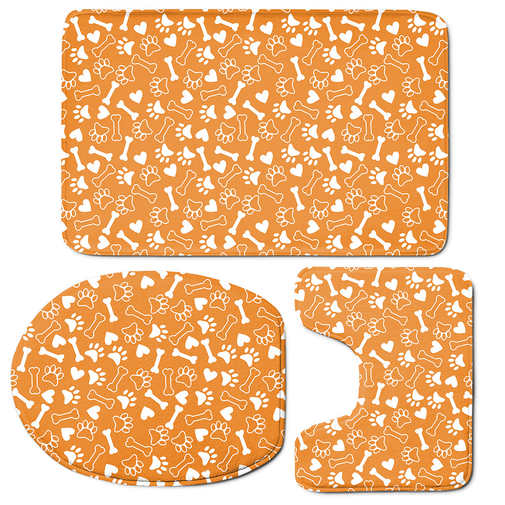 Orange Paw And Bone Pattern Print 3 Piece Bath Mat Set