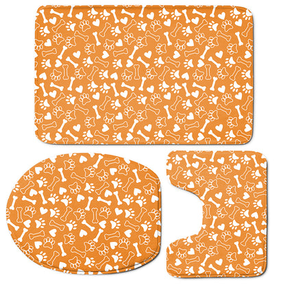 Orange Paw And Bone Pattern Print 3 Piece Bath Mat Set