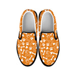 Orange Paw And Bone Pattern Print Black Slip On Shoes