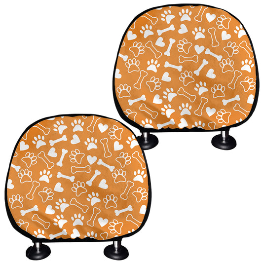 Orange Paw And Bone Pattern Print Car Headrest Covers
