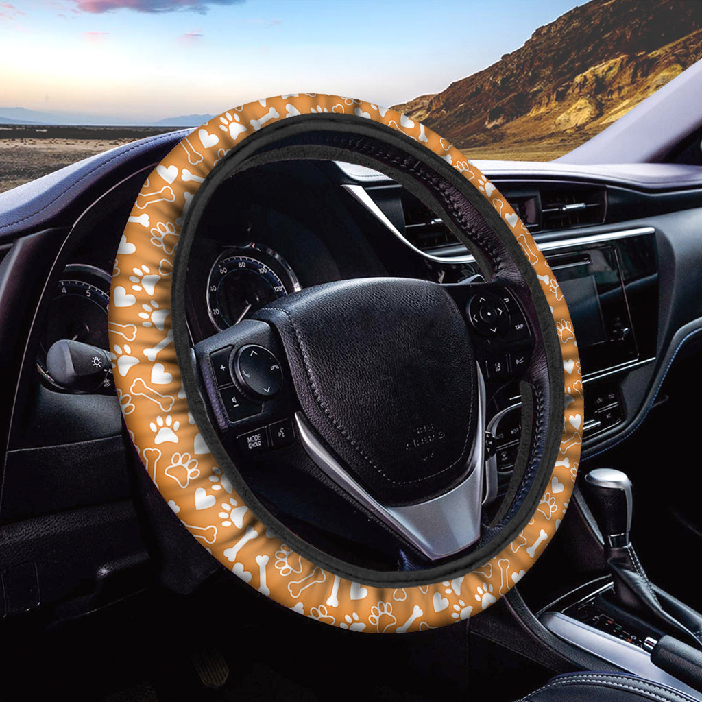 Orange Paw And Bone Pattern Print Car Steering Wheel Cover