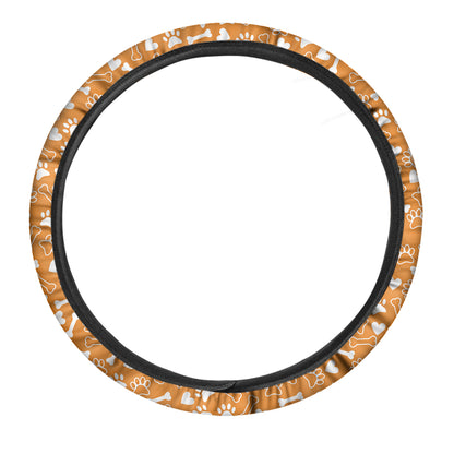 Orange Paw And Bone Pattern Print Car Steering Wheel Cover