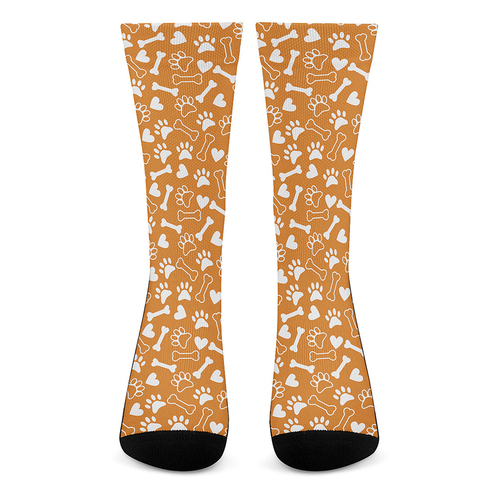 Orange Paw And Bone Pattern Print Crew Socks