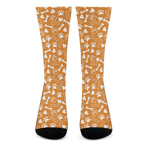 Orange Paw And Bone Pattern Print Crew Socks