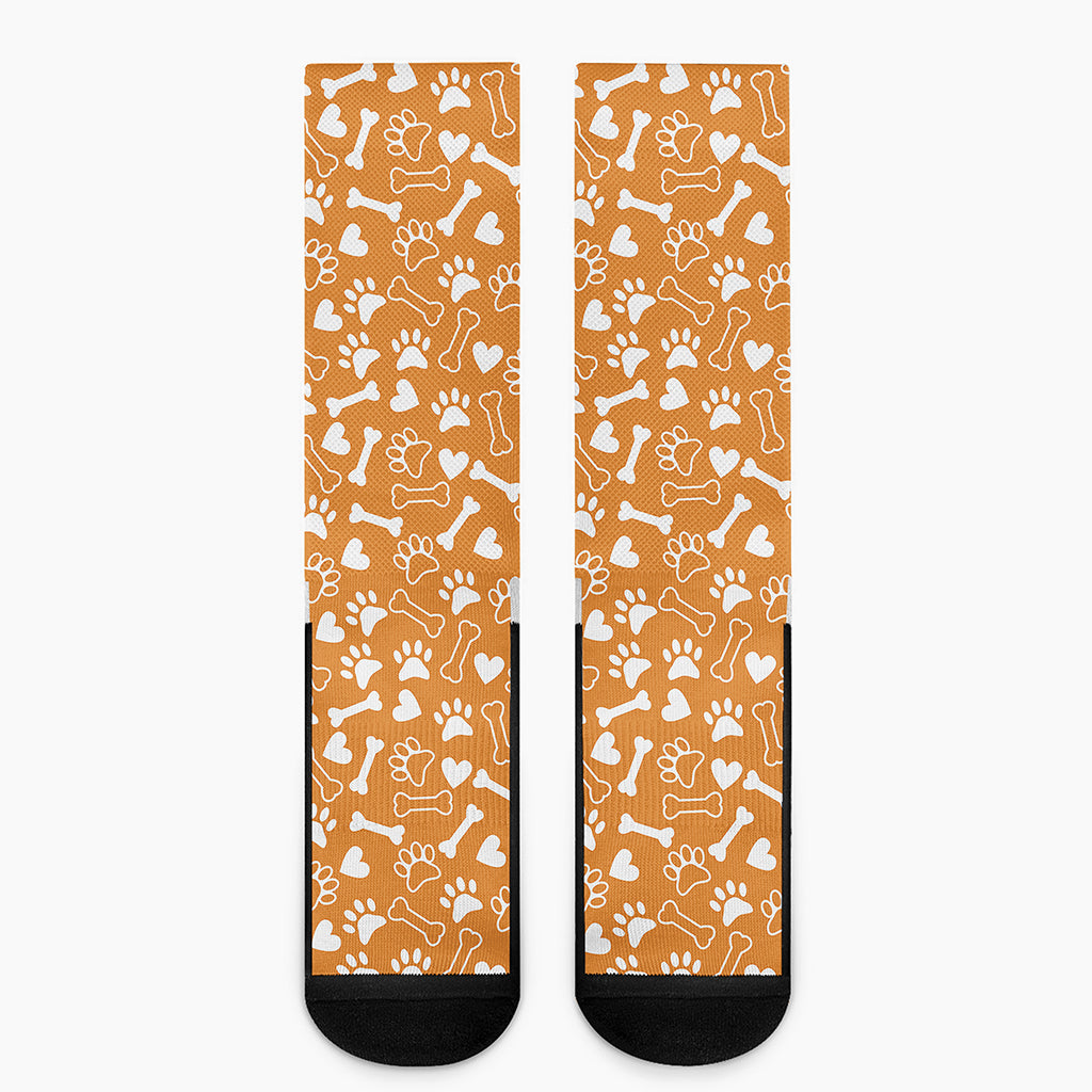 Orange Paw And Bone Pattern Print Crew Socks