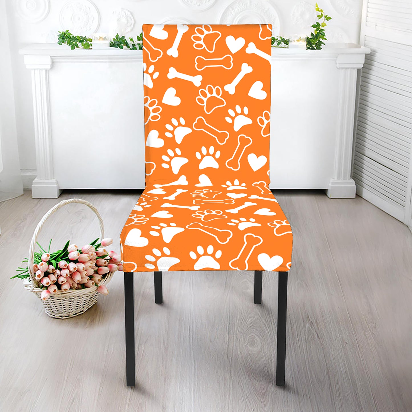 Orange Paw And Bone Pattern Print Dining Chair Slipcover