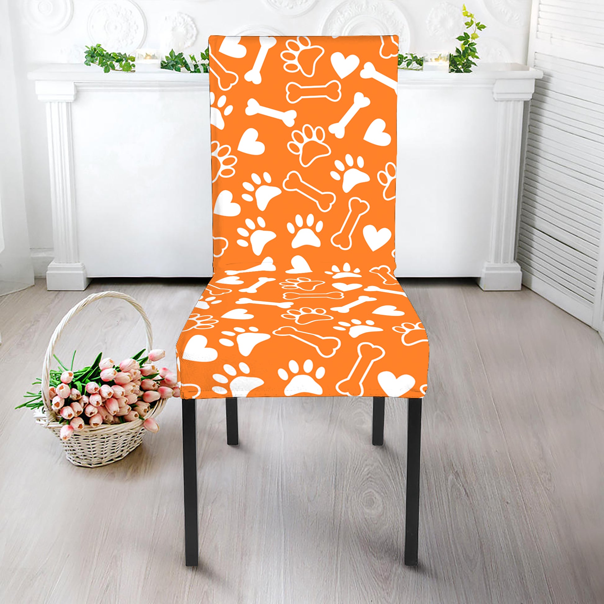 Orange Paw And Bone Pattern Print Dining Chair Slipcover