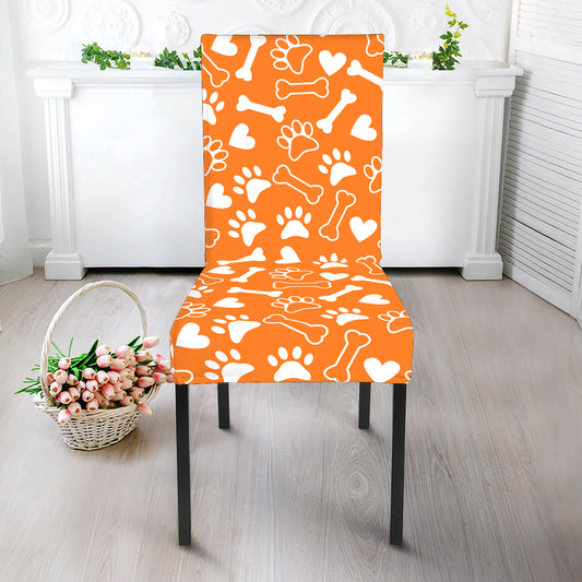 Orange Paw And Bone Pattern Print Dining Chair Slipcover