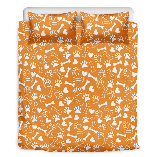 Orange Paw And Bone Pattern Print Duvet Cover Bedding Set