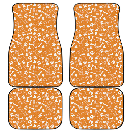 Orange Paw And Bone Pattern Print Front and Back Car Floor Mats