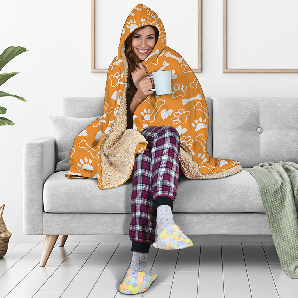 Orange Paw And Bone Pattern Print Hooded Blanket