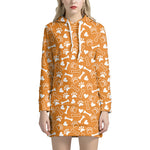 Orange Paw And Bone Pattern Print Hoodie Dress