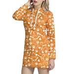 Orange Paw And Bone Pattern Print Hoodie Dress
