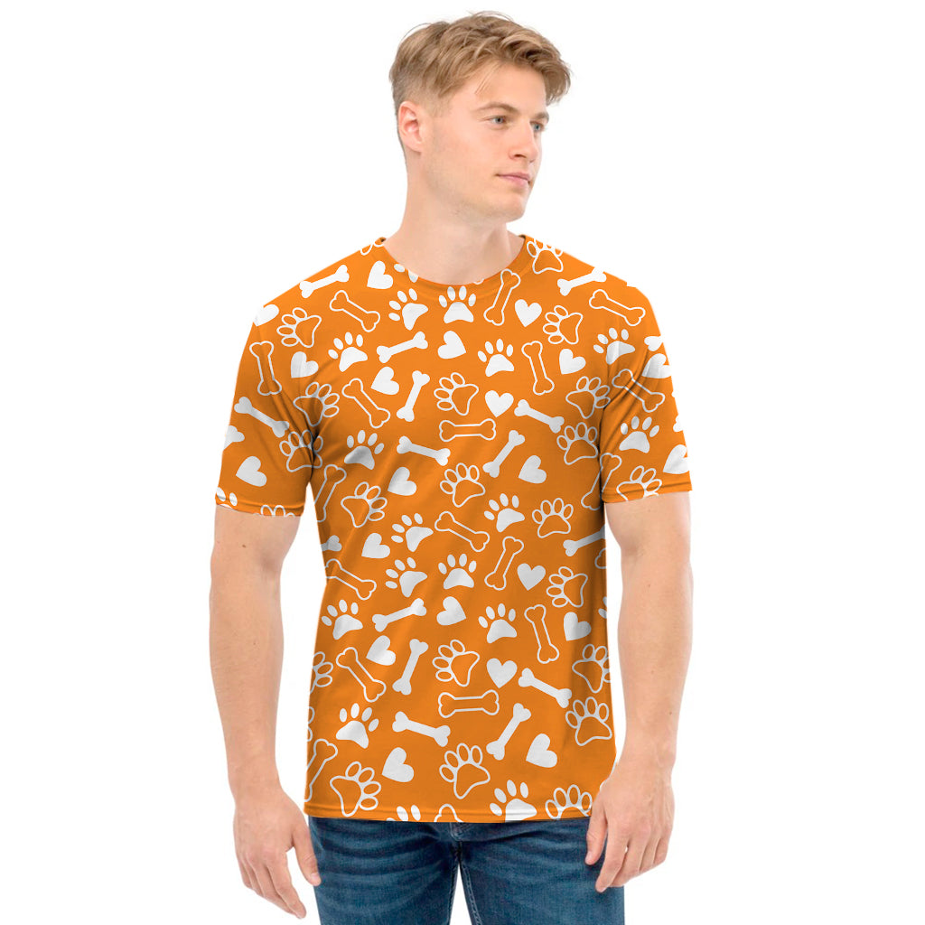 Orange Paw And Bone Pattern Print Men's T-Shirt