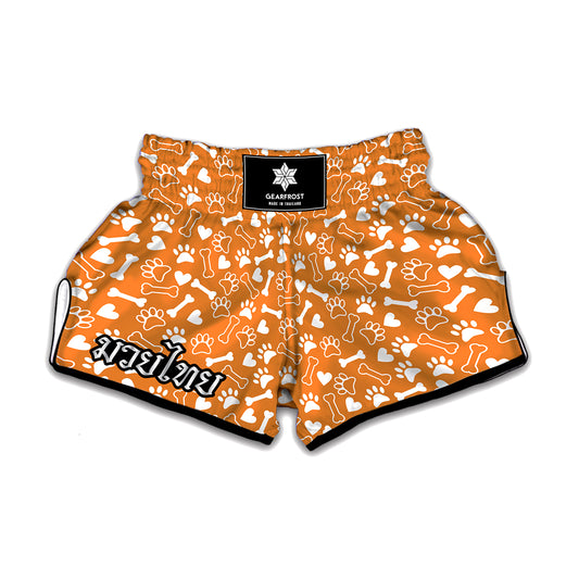 Orange Paw And Bone Pattern Print Muay Thai Boxing Shorts