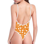 Orange Paw And Bone Pattern Print One Piece High Cut Swimsuit