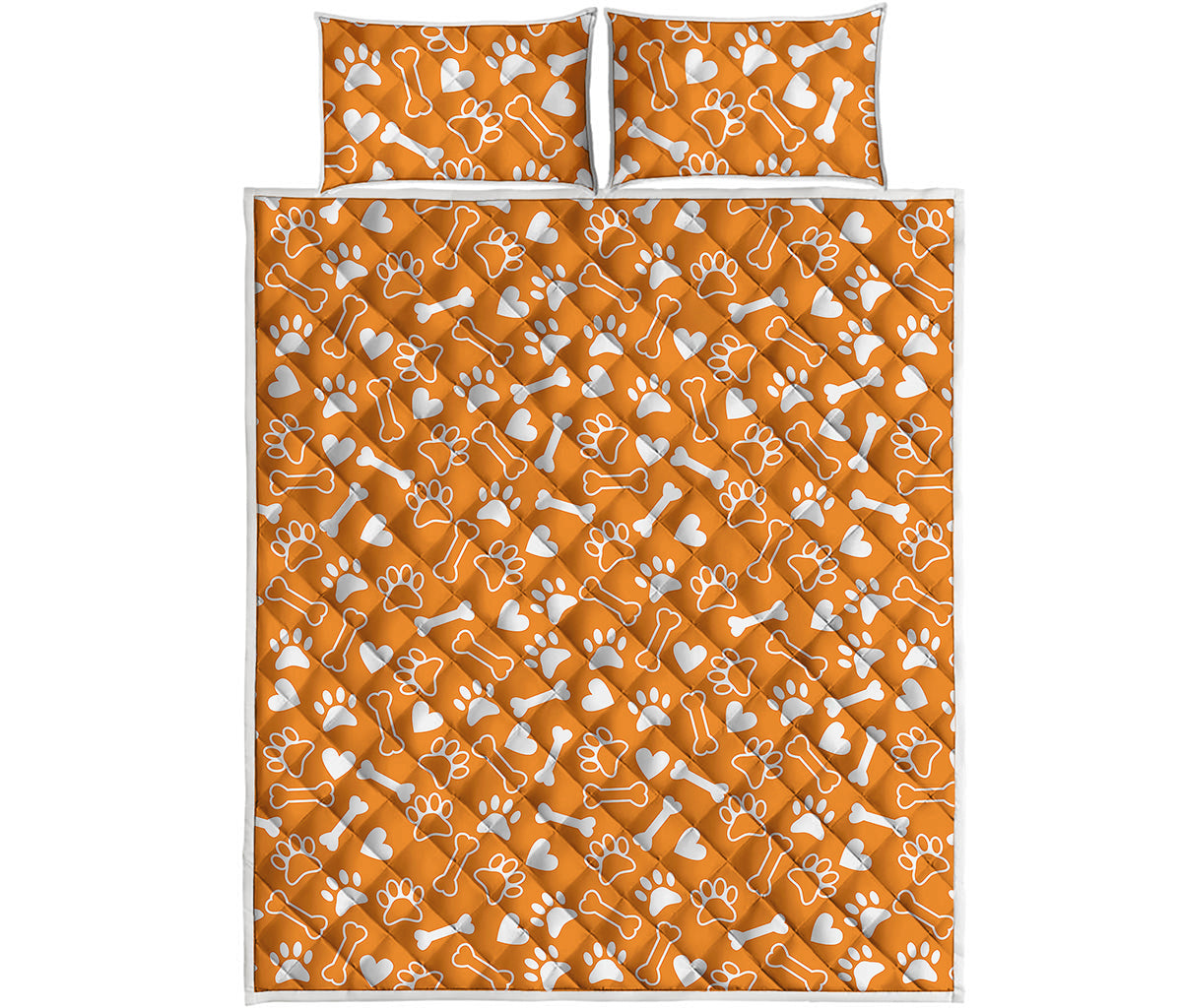 Orange Paw And Bone Pattern Print Quilt Bed Set