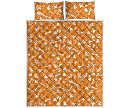 Orange Paw And Bone Pattern Print Quilt Bed Set