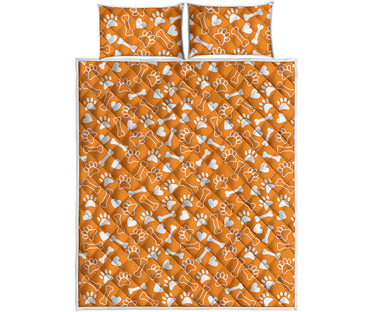 Orange Paw And Bone Pattern Print Quilt Bed Set