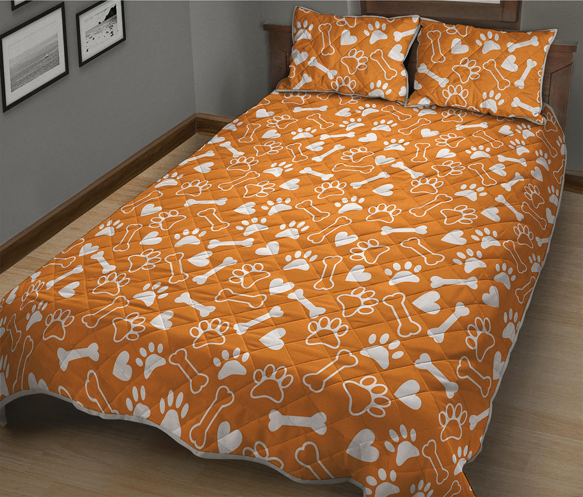 Orange Paw And Bone Pattern Print Quilt Bed Set
