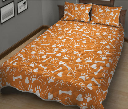 Orange Paw And Bone Pattern Print Quilt Bed Set