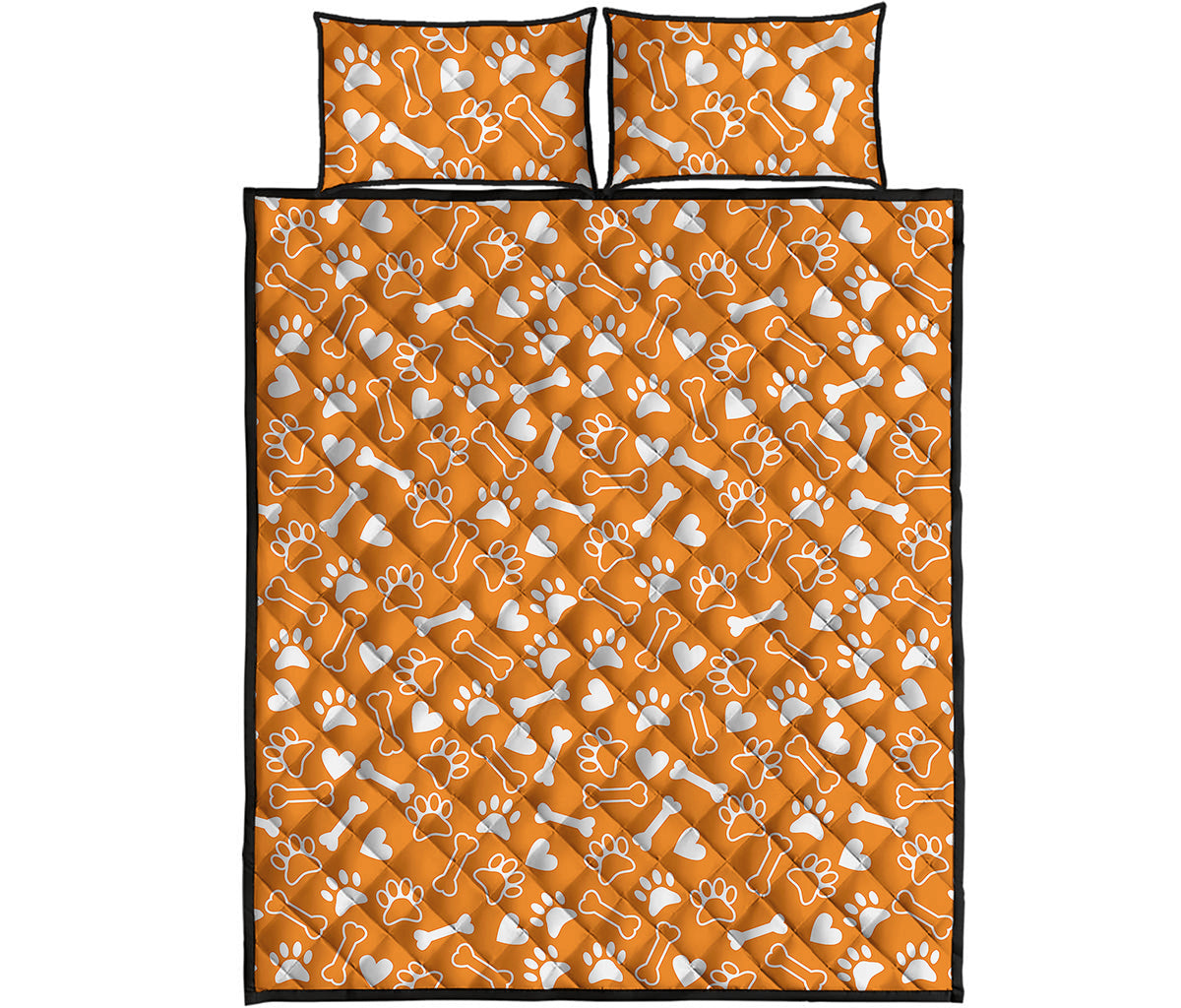 Orange Paw And Bone Pattern Print Quilt Bed Set
