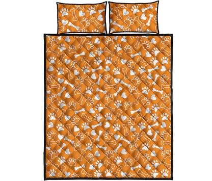 Orange Paw And Bone Pattern Print Quilt Bed Set