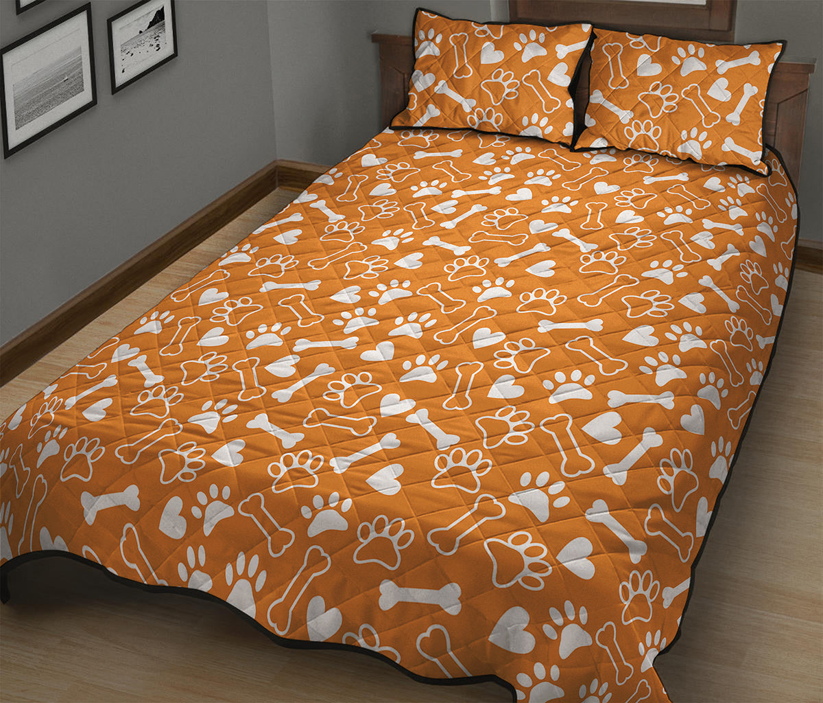 Orange Paw And Bone Pattern Print Quilt Bed Set
