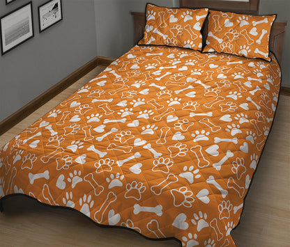 Orange Paw And Bone Pattern Print Quilt Bed Set
