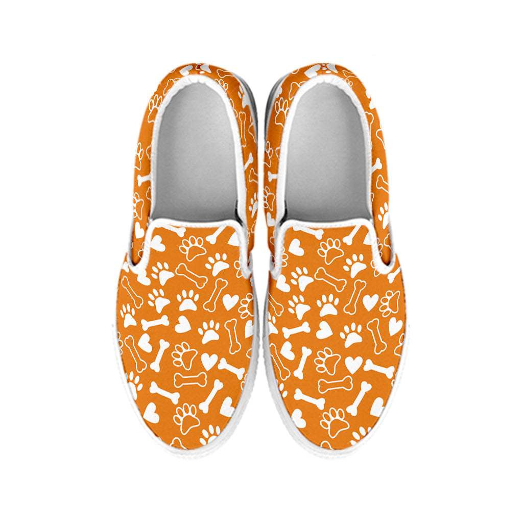 Orange Paw And Bone Pattern Print White Slip On Shoes