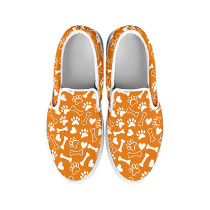 Orange Paw And Bone Pattern Print White Slip On Shoes
