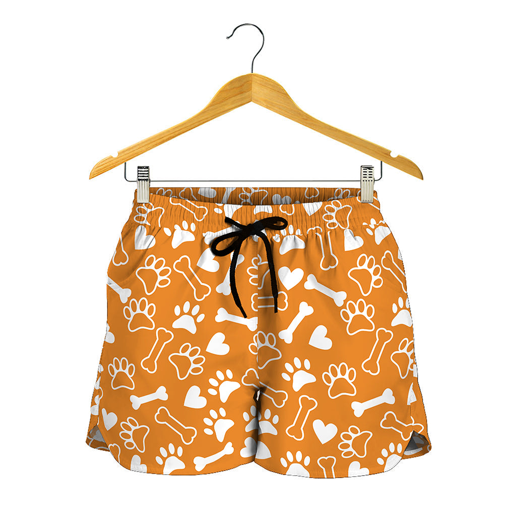 Orange Paw And Bone Pattern Print Women's Shorts