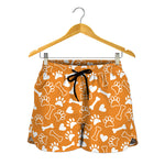 Orange Paw And Bone Pattern Print Women's Shorts
