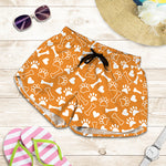 Orange Paw And Bone Pattern Print Women's Shorts