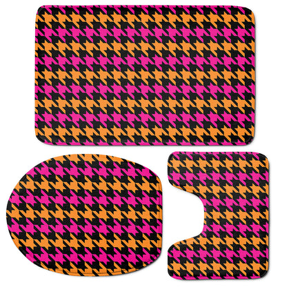 Orange Pink And Black Houndstooth Print 3 Piece Bath Mat Set