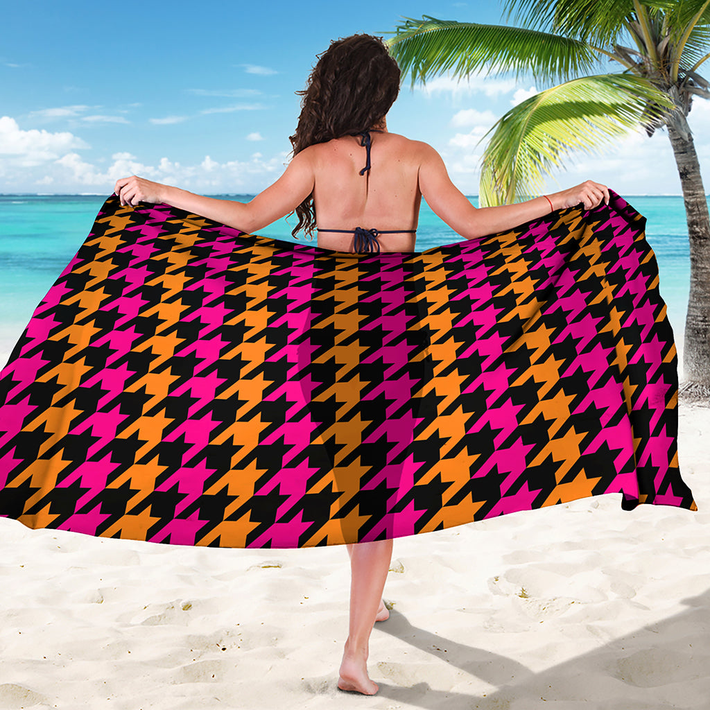 Orange Pink And Black Houndstooth Print Beach Sarong Wrap