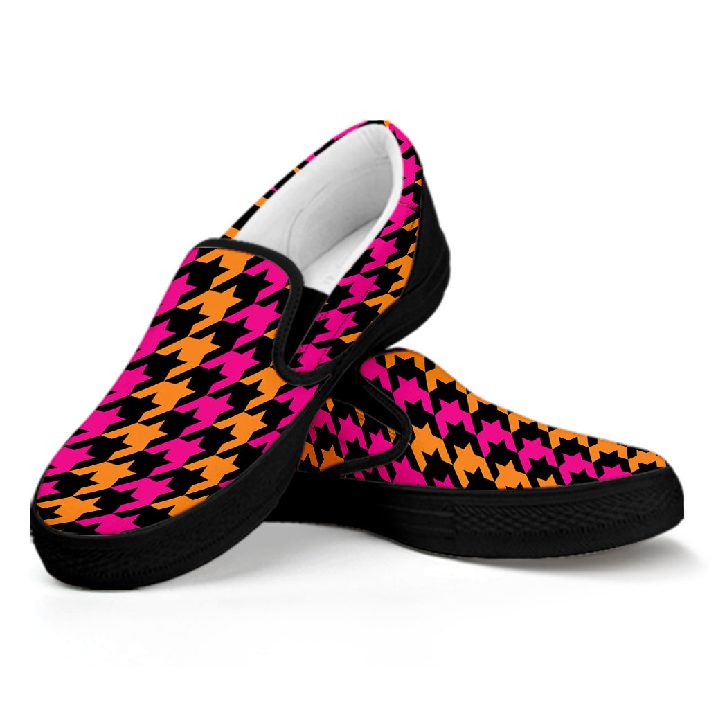 Orange Pink And Black Houndstooth Print Black Slip On Shoes