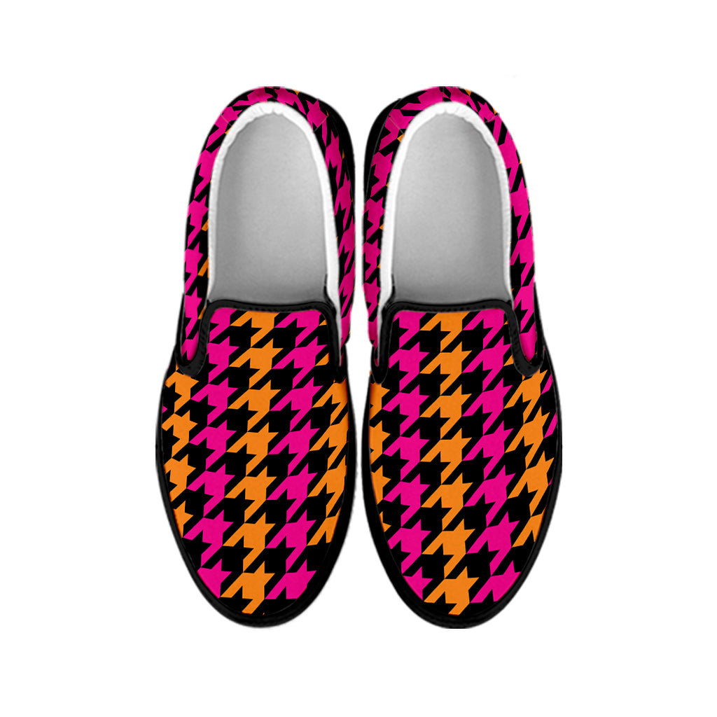 Orange Pink And Black Houndstooth Print Black Slip On Shoes