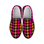 Orange Pink And Black Houndstooth Print Black Slip On Shoes