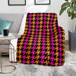Orange Pink And Black Houndstooth Print Blanket