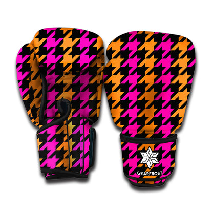 Orange Pink And Black Houndstooth Print Boxing Gloves