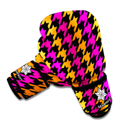 Orange Pink And Black Houndstooth Print Boxing Gloves
