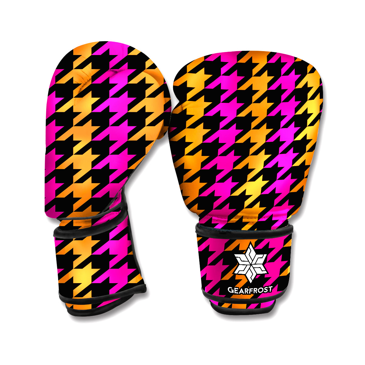 Orange Pink And Black Houndstooth Print Boxing Gloves
