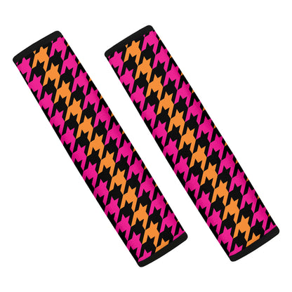 Orange Pink And Black Houndstooth Print Car Seat Belt Covers